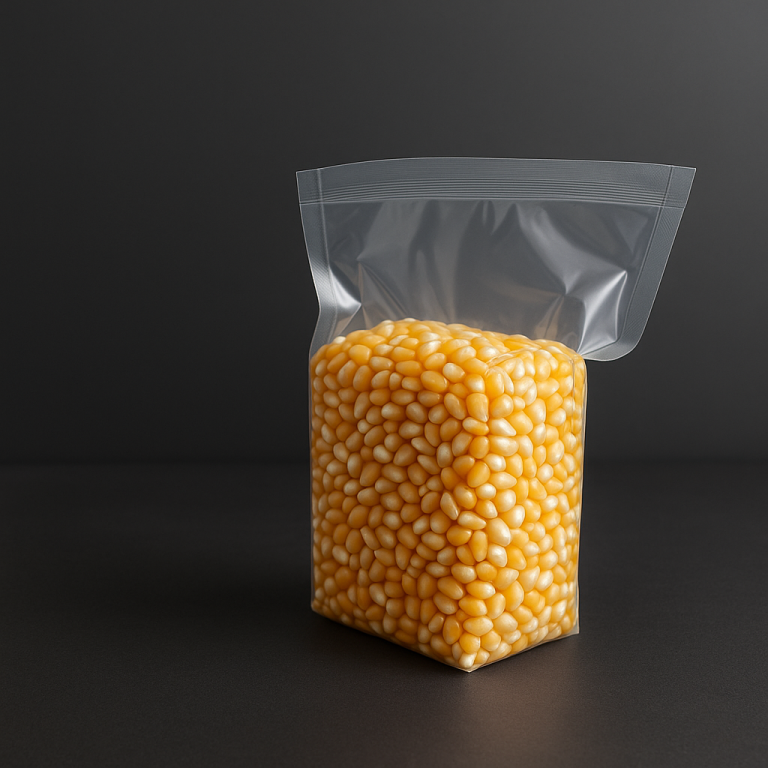 "Vacuum sealed food packaging bag with corn kernels - PlastVac barrier film for freshness preservation"