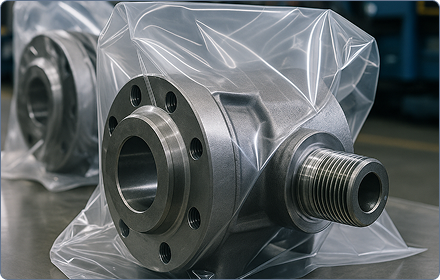 "Precision metal industrial component sealed in transparent vacuum packaging for corrosion protection"