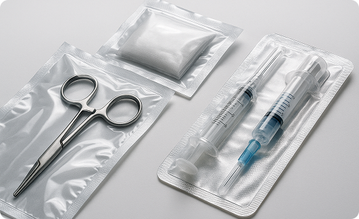 "Sterile medical instruments including syringe, forceps, and gauze sealed in transparent vacuum packaging"
