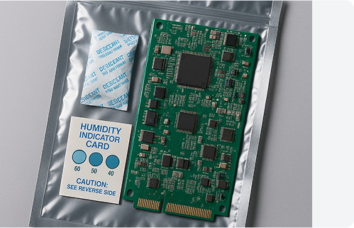 "Electronic circuit board sealed in anti-static packaging with humidity indicator card and desiccant pouch"