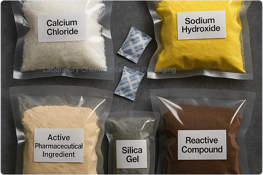 "Various laboratory chemicals including calcium chloride, sodium hydroxide, silica gel, and pharmaceutical ingredients vacuum-packed in transparent plastic pouches with desiccants"