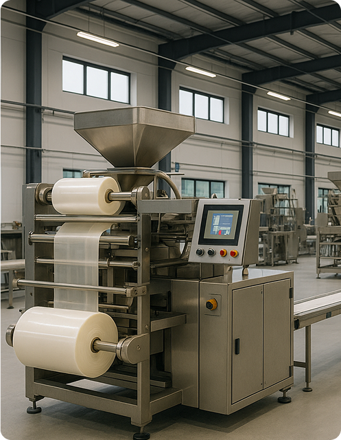 "Industrial vacuum packaging machine producing barrier films in PlastVac manufacturing facility"